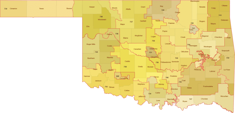 oklahoma-3-digit-zip-code-map Oklahoma 3-Digit ZIP Code Map with Counties