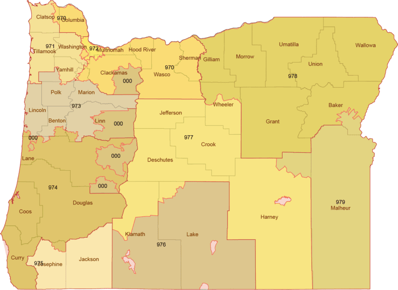 Oregon 3-Digit ZIP Code Map with Counties