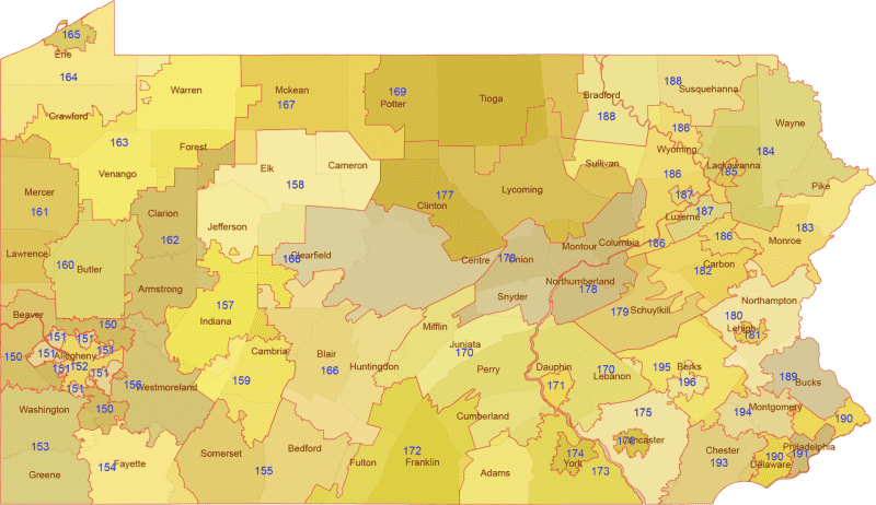 pennsylvania-3-digit-zip-code-map Pennsylvania 3-Digit ZIP Code Map with Counties