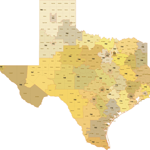 Texas 3-Digit ZIP Code Map with Counties