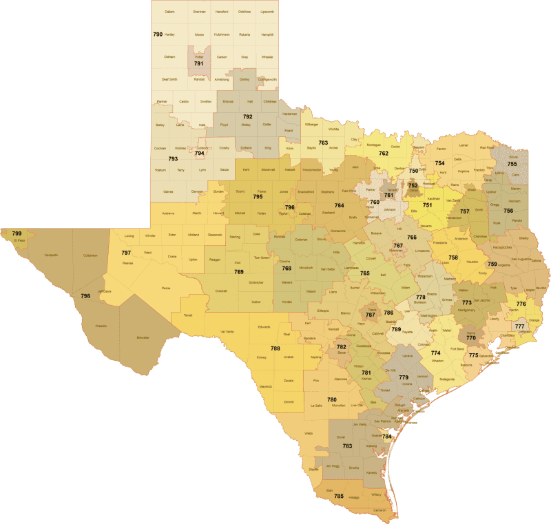 texas-3-digit-zip-code-map Texas 3-Digit ZIP Code Map with Counties