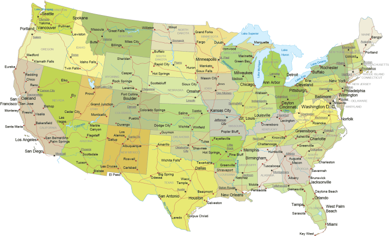 Internal US Map with Roads and Capitals