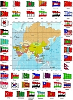 Asia political map with individual flags