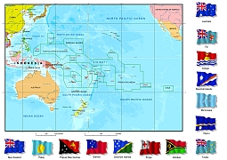 Oceania political map and flags.