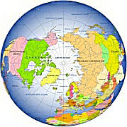 North Pole centered Globe from space with ocean and country name