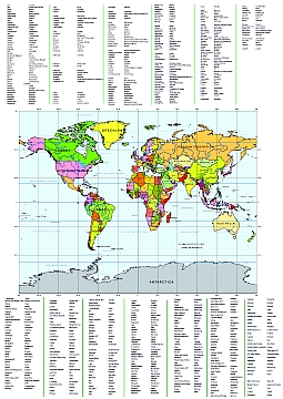 Capitals of world, countries of world. Map and names