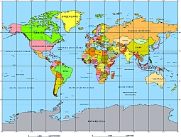 Rectangle world map wiht countries, rivers, oceans, seas.