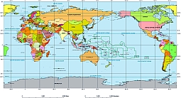 Your-Vector-Maps.com Pacific centered world map with countries and capitals.