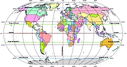 Oval world map with georeference lines and their names