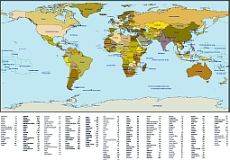 International dialing codes and list on world map.