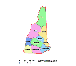 New Hampshire county map, colored.