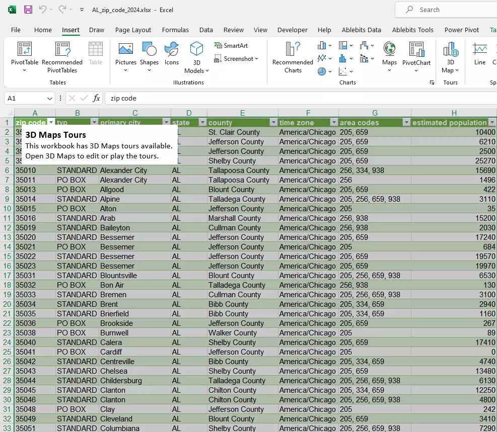 Alabama zip codes in Excel 3dmap