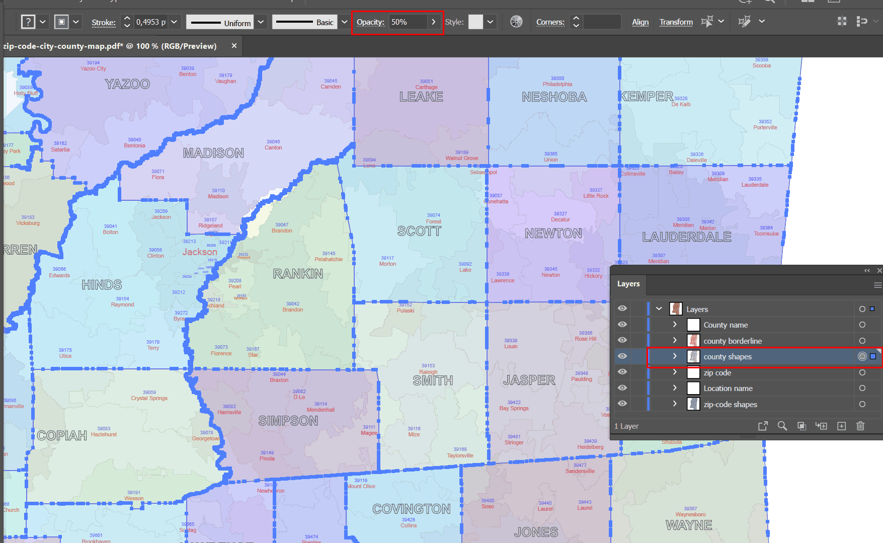 MS ZIP Code Map With Cities Counties - your-vector-maps.com