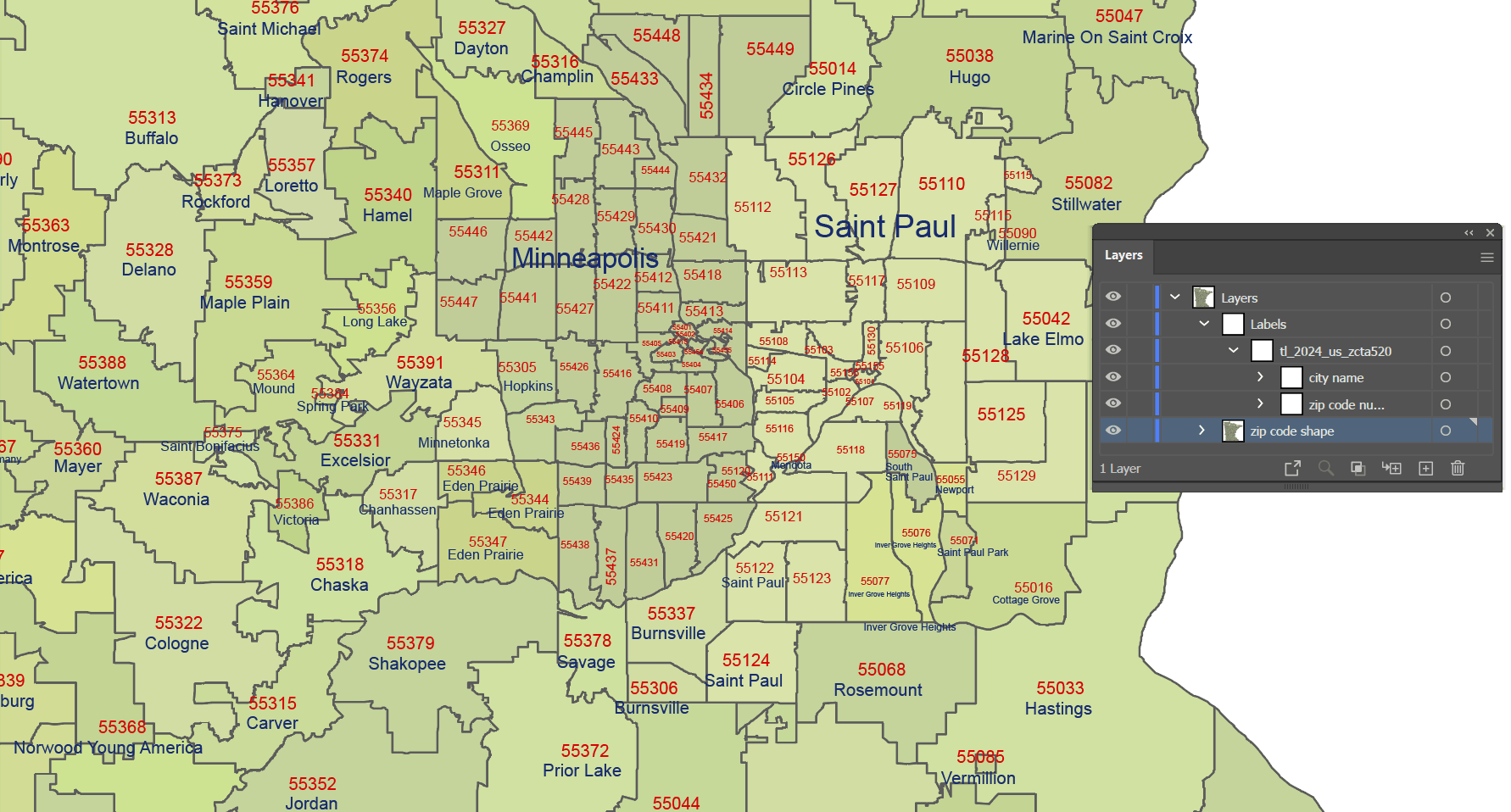 Minnesota ZIP Code Map With Cities - your-vector-maps.com