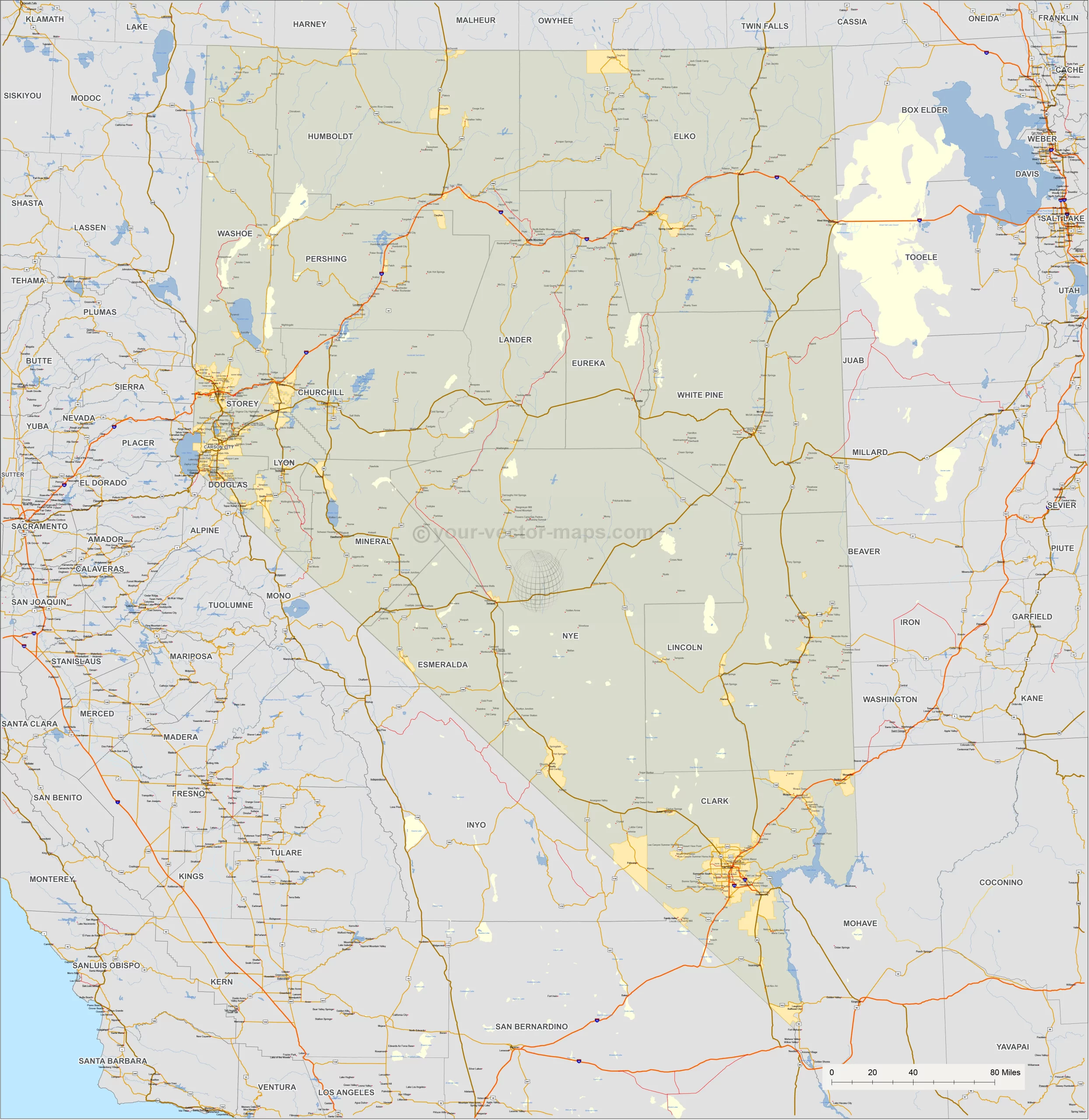 Nevada road and city map