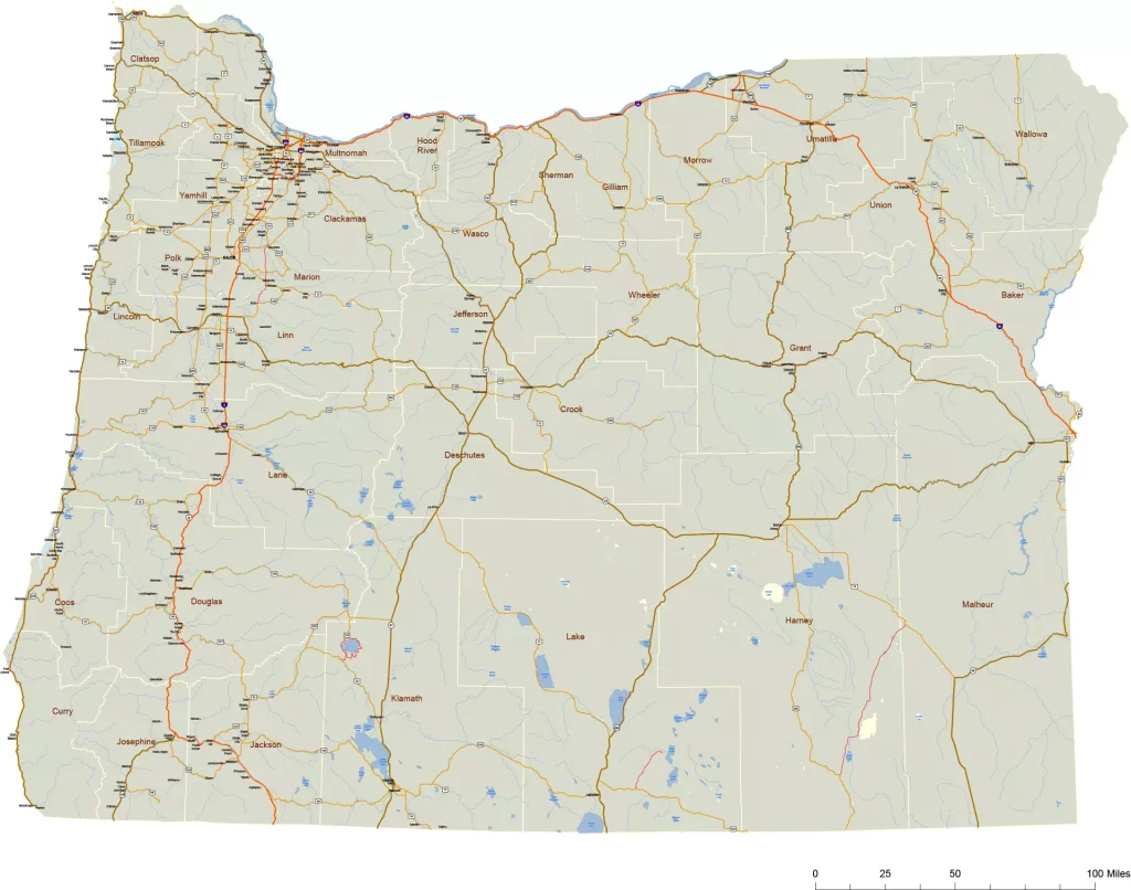 Oregon state road map as cut out map