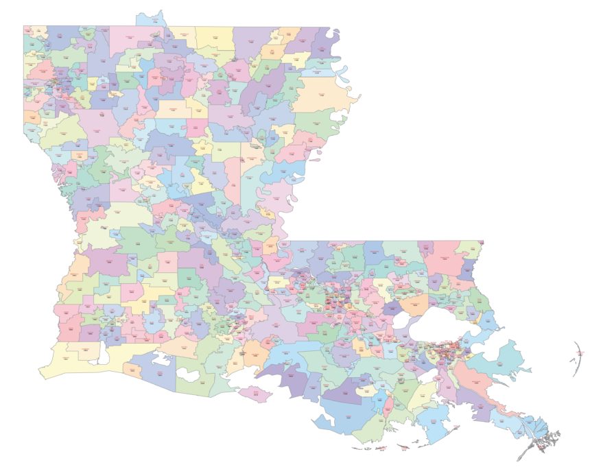 Preview of Louisiana zip code vector map, location name Printable