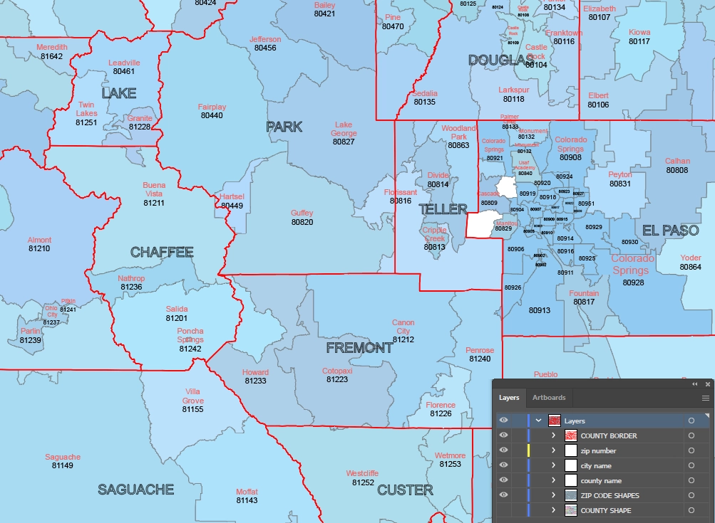 Colorado state zip & county map