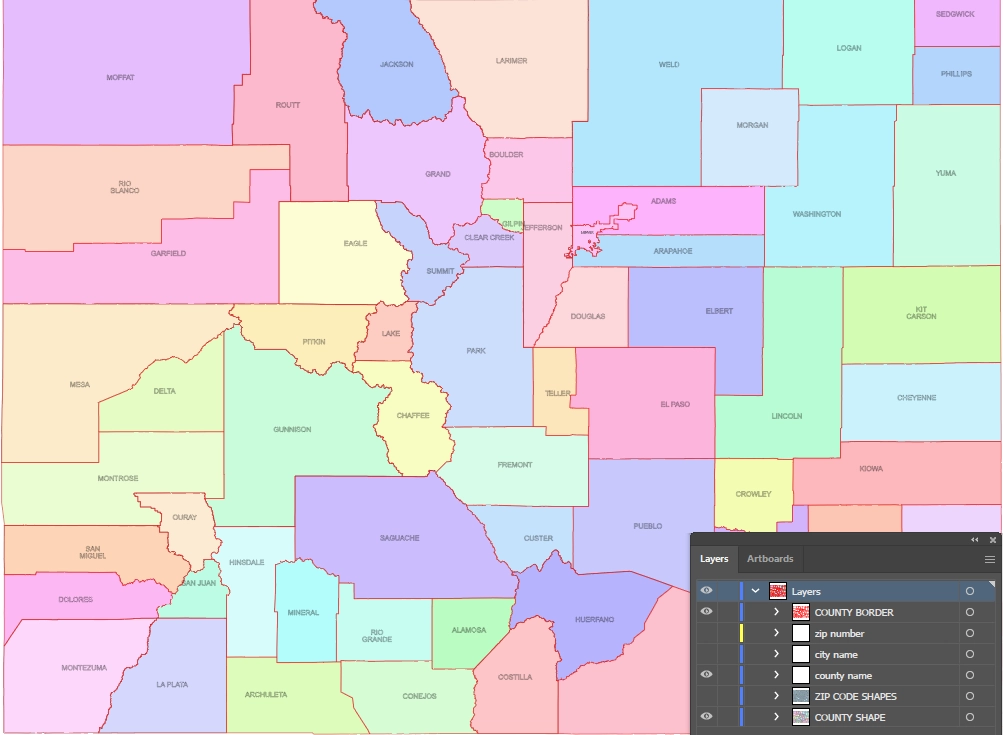 Colorado state zip & county map