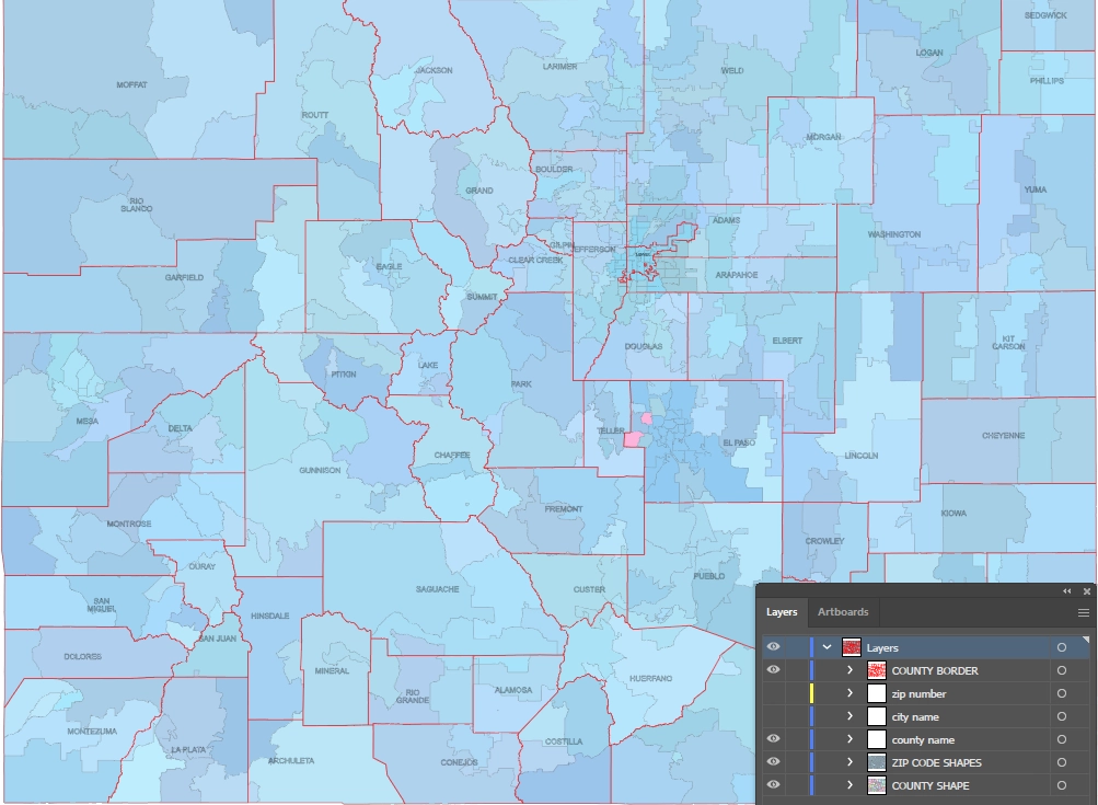 Colorado state zip & county map