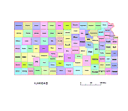 Kansas vecto county map, colored.