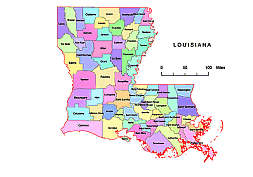 Parishes map of Louisiana colored.