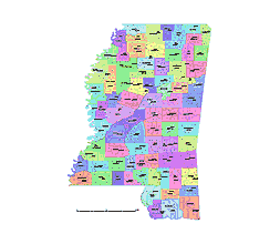 Mississippi state subdivision map, County seats of MS