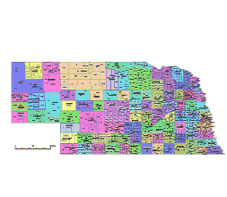 Preview of Nebraska state subdivision map, County seats of NE