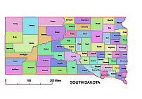 South Dakota vector county map, colored.