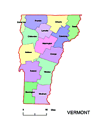 Vermont county map, colored.