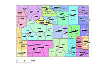 Wyoming state subdivision map, County seats of WY
