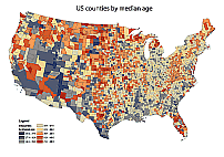 USA median age map by counties