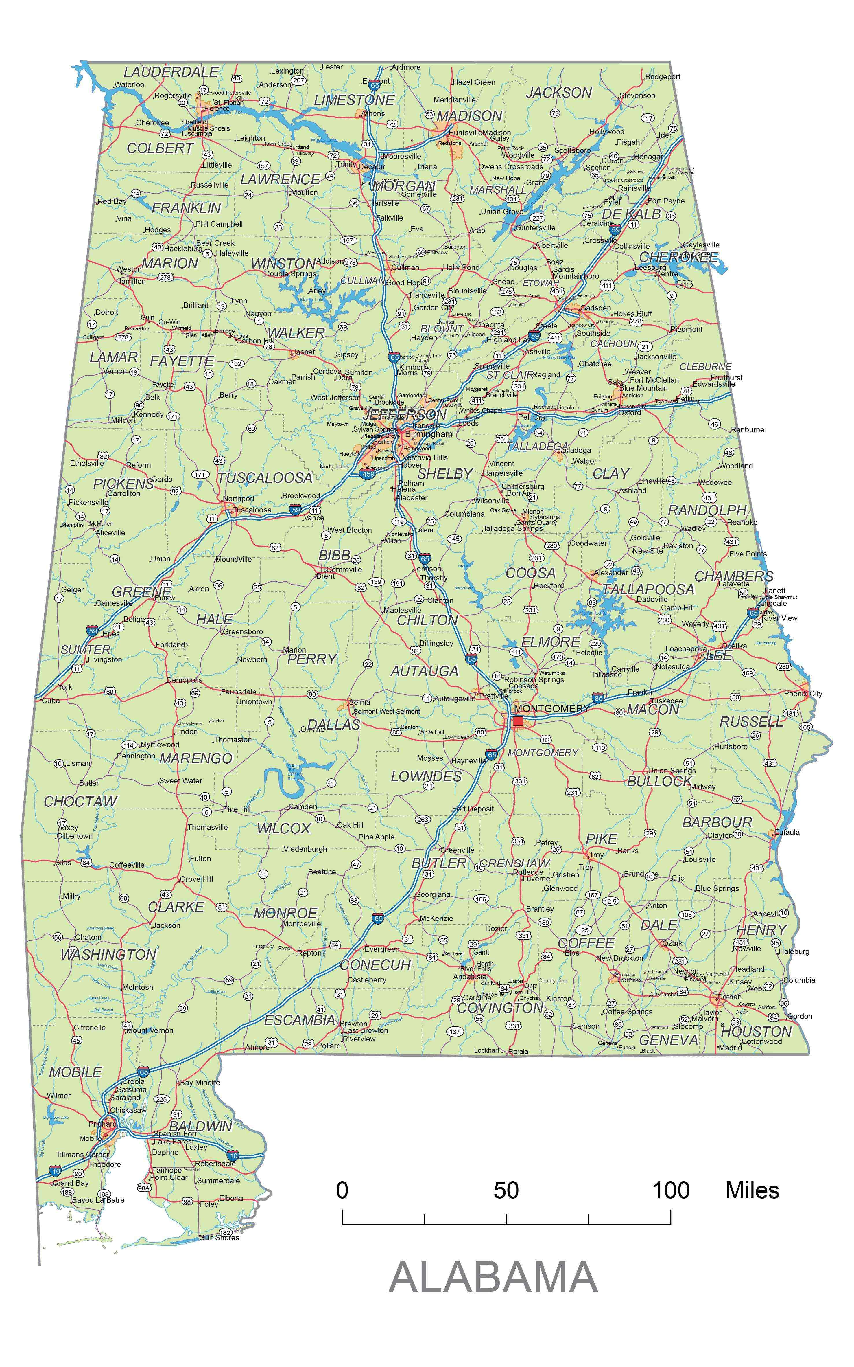 Preview of Alabama State Cities – Alabama Road Vector Map lossless