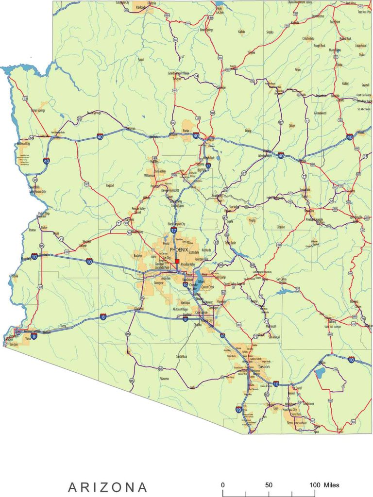  Arizona roads and cities, water bodies, state/county/country boundaries, road lines, map symbols, map scale.
