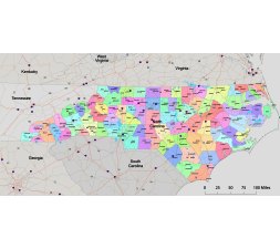 North Carolina Mercator county map, county seats