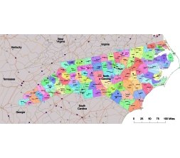 North Carolina county map with roads and counta seats