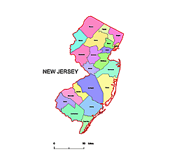 New Jersey county map, colored.