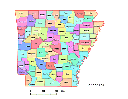 Arkansas vector county map, colored.