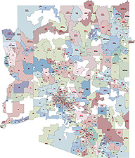 Arizona 5 digit zip code vector map with location name