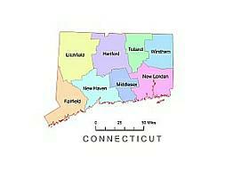 Connecticut vector county map, colored.