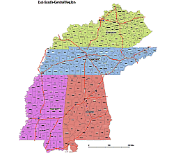 Counties of East South Central Region, 4 state county map