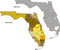 Florida 3 digit zip code vector map, FL phone are codes map