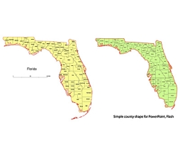 State map of Florida with map and names of 67 counties in vector format.