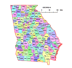 Georgia vector county map, colored.