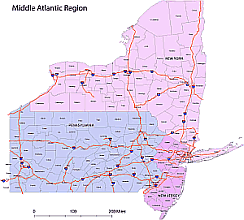 Mid Atlantic region counties. 3 state county map