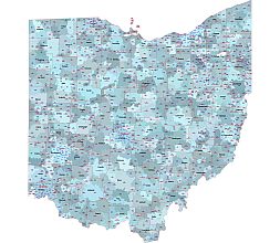 5 digit zip code area shape, county shapes and names, primary city name of Ohio state.