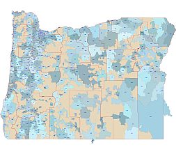 US State Oregon  5 digit zip code area vector map. County border. 
