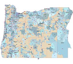 US State Oregon  5 digit zip code area vector map. County border, county name, official USPS city name.
