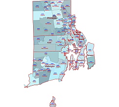Rhode Island  5 digit zip code map + primary city name. County outline and county name
