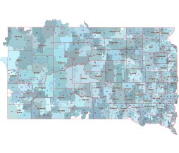 South Dakota vector map. 5 digit postal code and county outlines, city name